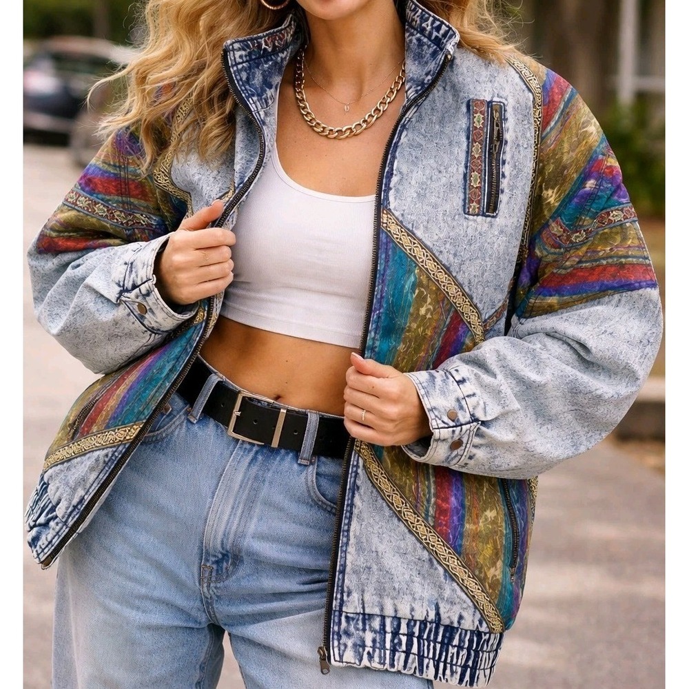 90s Stefano World Wide Acid Wash Jean Vtg Jacket Fit Women 16-20 Art Wear Padded